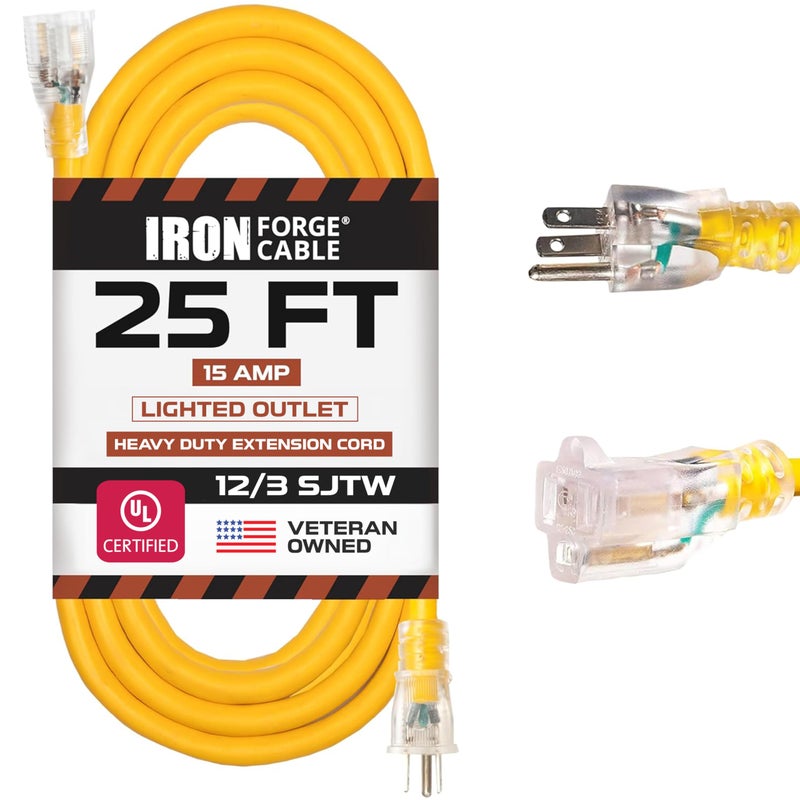 IRON FORGE CABLE 25 ft Lighted Outdoor Extension Cord - 12/3 SJTW Heavy Duty Yellow Extension Cable Extension Cable with 3 Prong Grounded Plug for Safety, 15AMP -Great for Garden and Major Appliances - Image 1